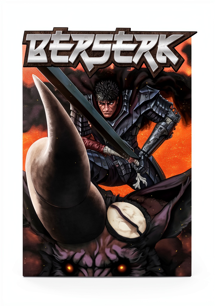 Installing Berserk Manga Dark Horse Kindle eBook 232 Page Horror Fantasy Volume on a wooden desk