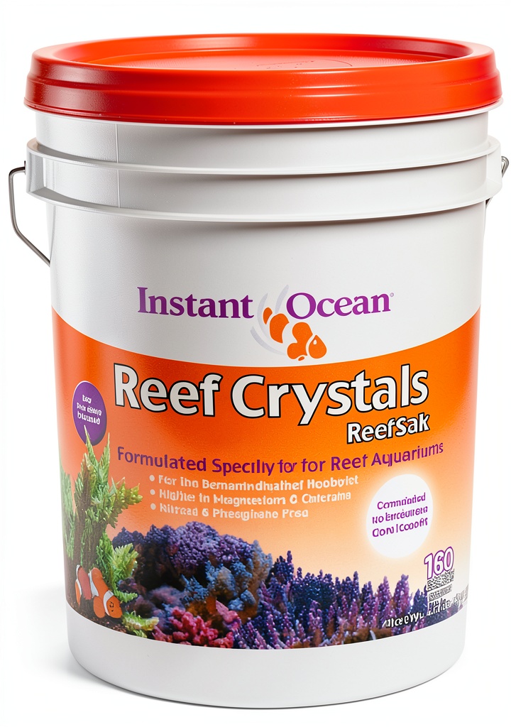 Installing Instant Ocean Reef Crystals Salt 160‑Gallon Enriched for Aquariums on a wooden desk
